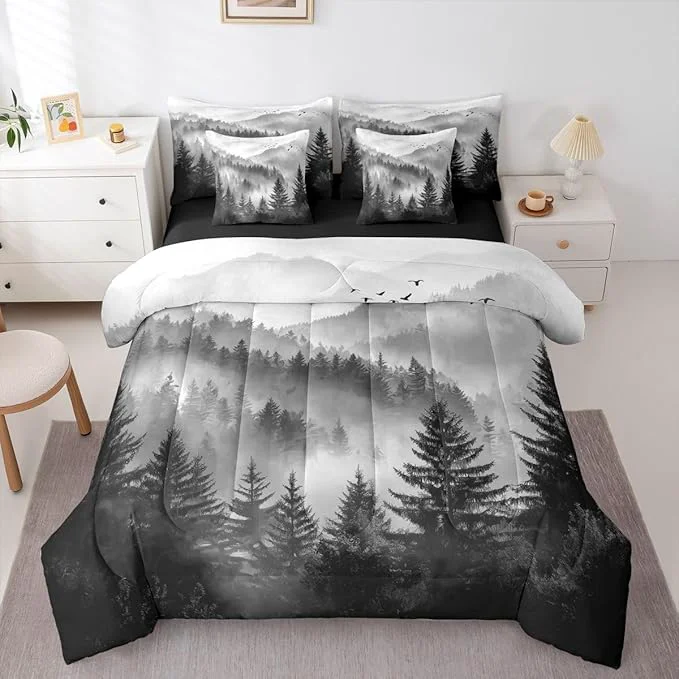 Soft Erosebridal Foggy Mountain King Comforter Set with Sheets 7 Piece Grey Forest Pine Tree Bed in A Bag Nature Misty Woodland Bedding Sets for Kids Adults Flying Bird Bed Set Practical