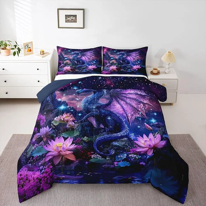 Advanced Feelyou Dragon Comforter Set Toddler Size Dragon Stuff Bedding Set for Kids Boys Girls Wild Life Duvet Quilt Wildlife Bedroom Decor Dull Purple Microfiber 2 Pcs with 1 Pillow Cases Versatile