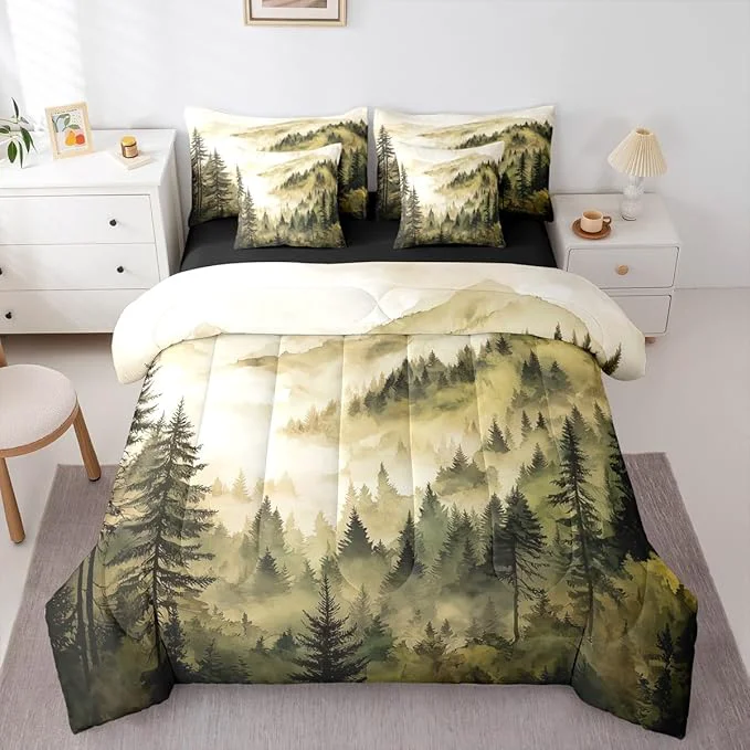 Traditional Erosebridal Yellow Misty Forest King Bedding Set 7 Piece Mountain Foggy Woodland Bed in A Bag with Sheets Rustic Pine Tree Comforter Set for Kids Adults Watercolor Nature Theme Bed Sets Premium