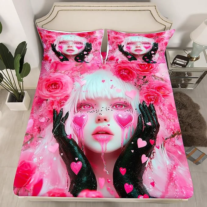 Comfortable Erosebridal Japanese Girl Fitted Sheet Pink Rose Floral Flowers Bed Sheets Queen Size Anime Decor Bed Set 3D Anime Gifts for Girls Sheets with 2 Pillowcases - 3 Pieces Selected