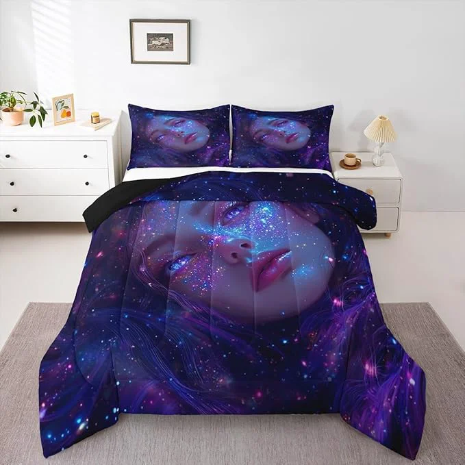 Efficient Erosebridal 3D Japanese Girl Comforter Set with Glitter Stars Decorations Galaxy Bedding Full Size 3 Pieces Anime Decor Down Comforter Fashion Anime Gifts for Girls Duvet Set with 2 Pillowcases Elegant