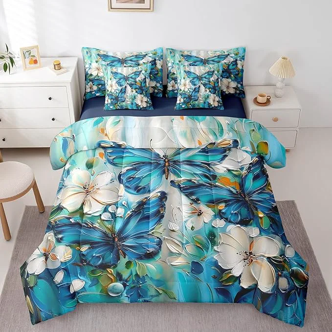 Enhanced Erosebridal Girls Teal Blue Butterfly Bedding Set Twin 7 Piece White Flowers Oil Painting Boho Comforter Set Retro Floral Butterfly Bed in A Bag Aesthetics Bohemian Sheet Set with Comforter Quality