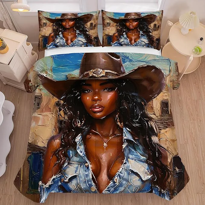 Easy-to-Use Western Comforter Set Queen Black Girls Bedding for Cowboys Women Girls African American Bed Bedroom Dorm Fashion Quilt 1 Comforter 2 Pillow Cases Traditional