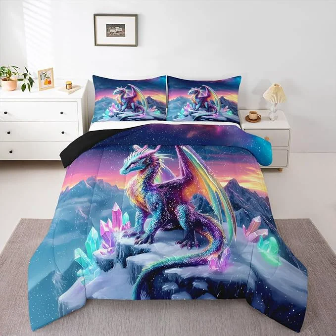 Exceptional Feelyou Dragon Kids Comforter Set Toddler Size Dragon Stuff Bedding Set Wild Life Duvet Quilt for Kids Boys Girls Bedroom Wildlife Decor Purple Bluish Microfiber Ultra Soft Breathable Unique