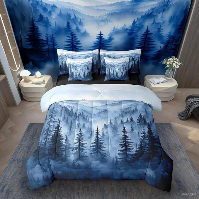 Classic Erosebridal Boys Blue Forest King Comforter Set with Sheets 7 Piece Rustic Woodland Pine Tree Bedding Set Jungle Smoky Mountain Bed in A Bag for Kids Adults Men Retro Natural Landscape Bed Set High-End
