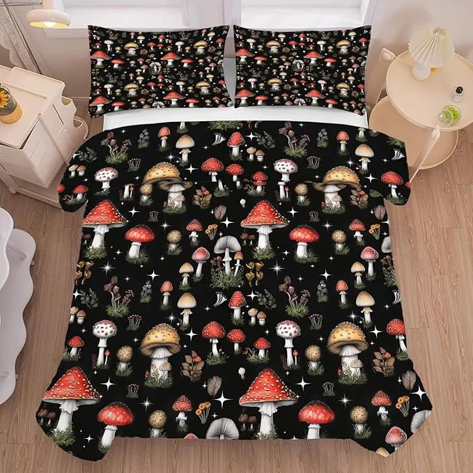 Solid Mushroom Comforter Set Twin Size Black Burgundy Plant Bedding for Kids Girls Boys Bedroom Decor Vintage Woodland Quilt Bed Sets 1 Comforter 1 Pillowcase High-End