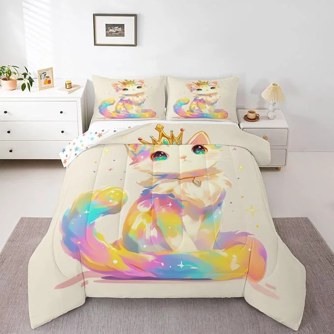 Exclusive Erosebridal Cat Kids Bedding Anime Gifts Bedding Comforters amp Sets Nursery Girls Lovely Cat Animal Comforter Set 3D Cartoon Style Quilt Kawaii Room Decor for Boys Kids Queen 3Pcs Rainbow Color High-Quality