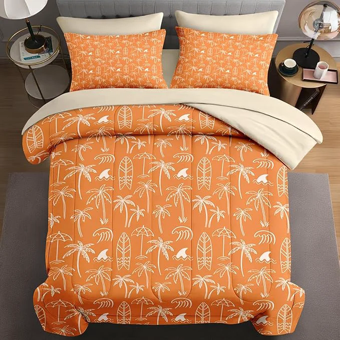 Functional 7 Pcs Full Size Comforter Set with 2 Pillowcases amp 2 Shams Boho Tropical Palm Tree Leaf Bedding for Kids and Adults Summer Hawaiian Beach Bed in a Bag with Flat Fitted Sheet Excellent