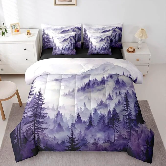 Top-Quality Erosebridal Purple Misty Forest Full Bed in A Bag 7 Piece Mountain Foggy Woodland Comforter Set with Sheets Rustic Pine Tree Bedding Sets for Kids Adults Watercolor Nature Theme Bed Set Carefully Designed