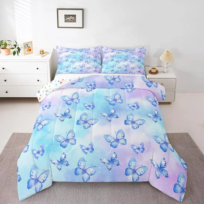 Practical Erosebridal Pink Blue Butterfly Bedding King Watercolor 3D Printed Comforter Set Purple Colorful Rainbow Bed Sets Fantasy Dreamy Princess Duvet Insert 3 Pieces Classic