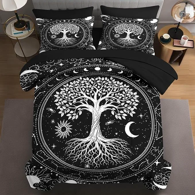 High-Performance 7 Pcs King Size Comforter Set with 2 Pillowcases amp 2 Shams Sun and Moon Black Gothic Bedding for Kids and Adults Nature Tree of Life Bed in a Bag with Flat Fitted Sheet Smart