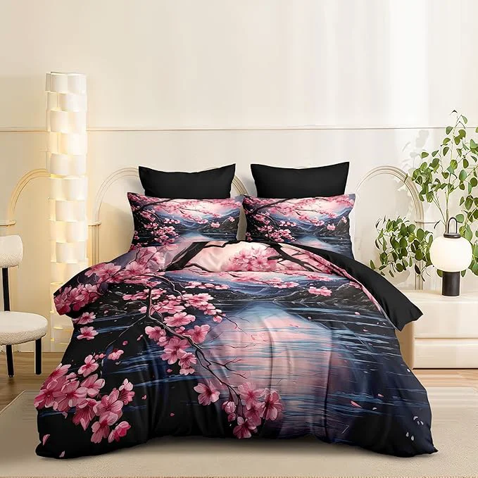 Artisan Japanese Style Comforter Set Twin Cherry Blossom Lightweight Comforter for Girls 2Pcs Black Pink Floral Painting Soft Bedding Set with 2 Pillowcases Great Bedroom Decor Professional