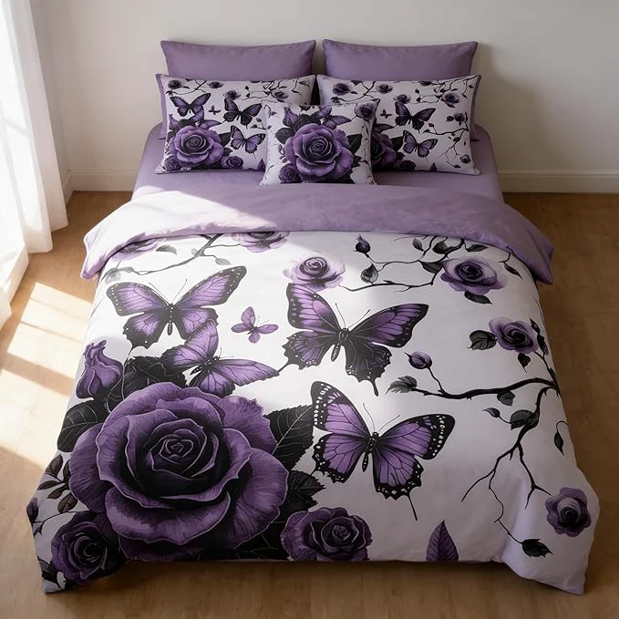 Versatile Vintage Floral Comforter Set Queen Size Purple Floral Bedding Set for Gothic Bedroom Decor 3 Pieces Soft Microfiber Lightweight Comforter Set with 2 Pillowcases 90 quot x90 quot Reusable