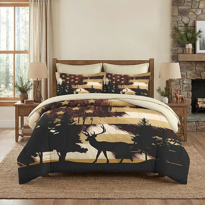 Fine Crafted 7 Pcs Full Size Comforter Set with 2 Pillowcases amp 2 Shams Animal Hunting Deer Bedding for Kids and Adults Retro American Flag Bed in a Bag with Flat Fitted Sheet Premium Material