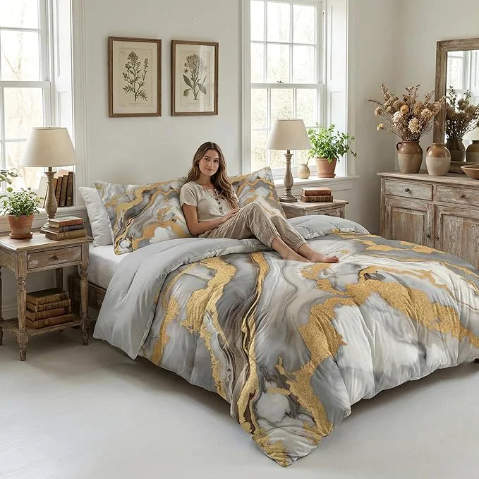 Smooth Abstract Marble Print Comforter Set Twin Size 2 Pieces Modern Abstract Bedding Set with 1 Pillowcase for All Seasons Gilrs Kids Boys 68 quot x86 quot Long-Lasting