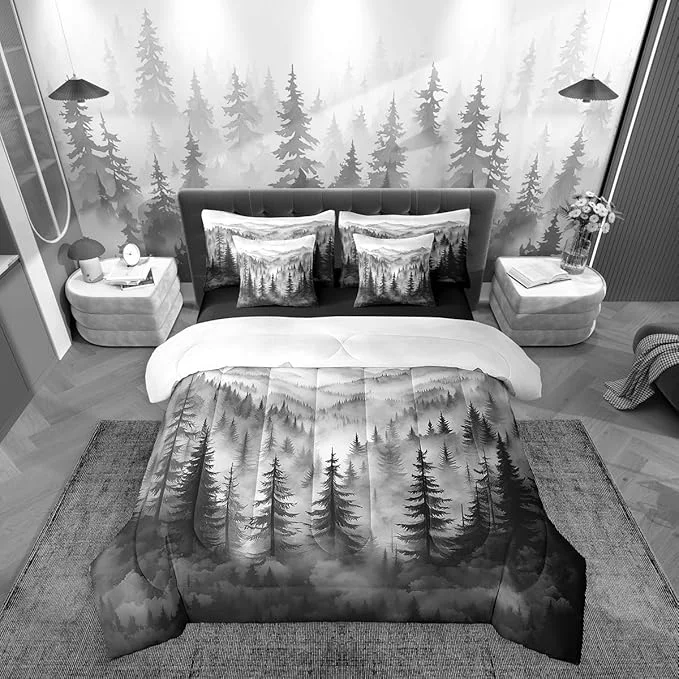Exclusive Erosebridal Grey Forest Twin Comforter Set 7 Piece Rustic Woodland Pine Tree Bedding Set for Kids Boys Adults Men Jungle Smoky Mountain Bed in A Bag Retro Natural Landscape Sheet Set with Comforter Convenient