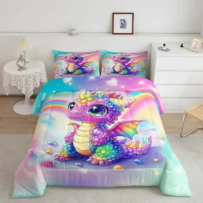 Breathable Feelyou Dragon Comforter Set Twin Size Dragon Stuff Comforter for Boys Girls Teens Cute Bedding Set Dragon Decor Duvet Set Room Decor Multicolored Quilt Set Smooth
