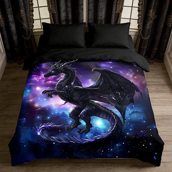 Top-Quality Kids Dragon Bedding Set for Boys Purple Blue Outer Space Comforter Set Twin Size Fairy Tale Style Quilted Bed Set for Children Teens Room Decor 68 86 Trusted