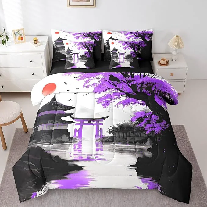 Solid 7 Piece Japanese Bedding Set With Sheets Full Sun Cherry Blossom Comforter Set Watercolor Black Purple Mountain Sakura Floral Bed In A Bag For Girls Adults Women Asian Chinese Ink Anime Bed Set Optimized