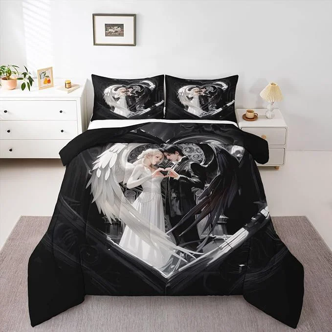 Natural Erosebridal Angel Wings Kids Bedding Black and White Angel Full Comforter Sets Romance Love Comforter Princess Fairy Style Duvet Insert with 2 Pillow Cases Certified