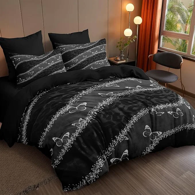 Pure Black Leopard Print Comforter Set Twin Size Grey Butterfly Bedding Set with 1 Pillowcases for Adult Women - 2 Pieces Soft Fluffy Breathable Microfiber Great Bedroom Decor 68 86 Artisan