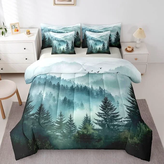 Top-Quality Erosebridal Foggy Mountain Full Bed in A Bag 7 Piece Green Forest Pine Tree Comforter Set with Sheets Nature Misty Woodland Bedding Sets for Kids Adults Flying Bird Bed Set Comfortable
