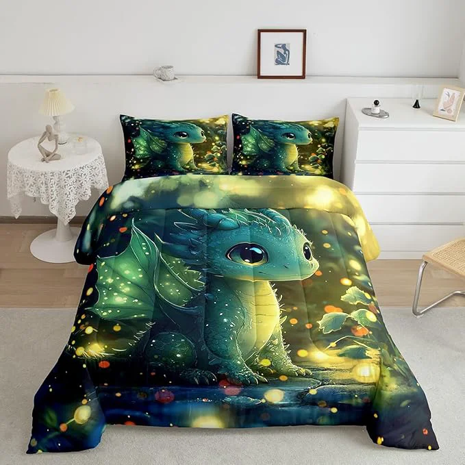 Effective Feelyou Dragon Comforter Set Queen Size Dragon Stuff Comforter for Boys Girls Teens Kawaii Bedding Set Dragon Decor Duvet Set Room Decor Bright Green Quilt Set Optimized
