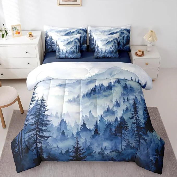 Exclusive Erosebridal Blue Misty Forest Queen Bedding Set 7 Piece Mountain Foggy Woodland Bed in A Bag with Sheets Rustic Pine Tree Comforter Set for Kids Adults Watercolor Nature Theme Bed Sets Top-Quality