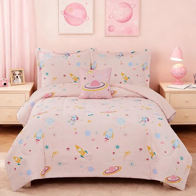 Solid Glow in The Dark Kids Comforter Set Full Size for Girls Planet Bedding Set 1 Comforter 1 Decor Pillow 2 Pillow Shams Luxury