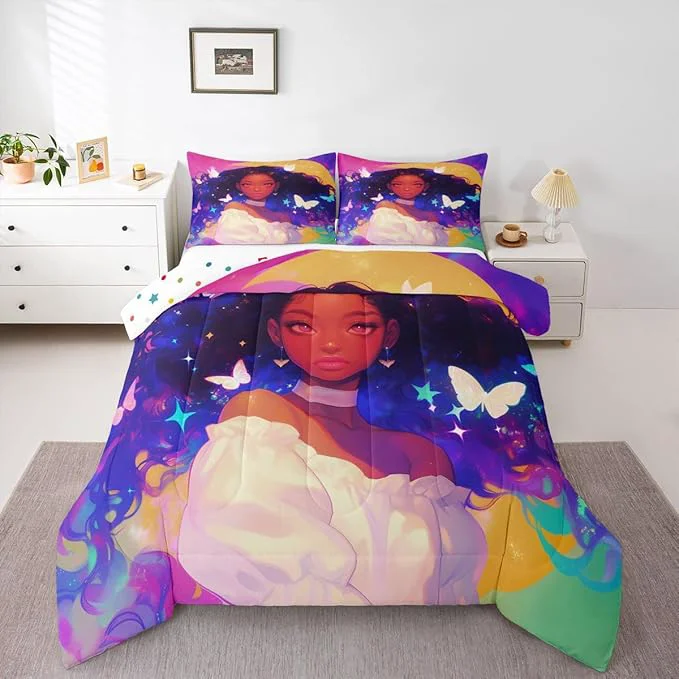 High-Grade Erosebridal Black Princess Bedding Sets American Afro-Girl Comforter Set Moon Galaxy Girl Butterfly Decorations Bedding King Durable