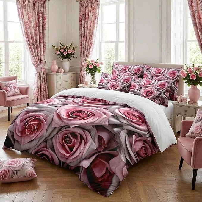 Classic Pink Floral Comforter Set Queen Size for Women Light Pink Rose Mirofiber Bedding Set for Victorian Romantic Bedroom Decor - 3Pieces 1 Comforter 90 90 amp 2 Pillowcases Organic