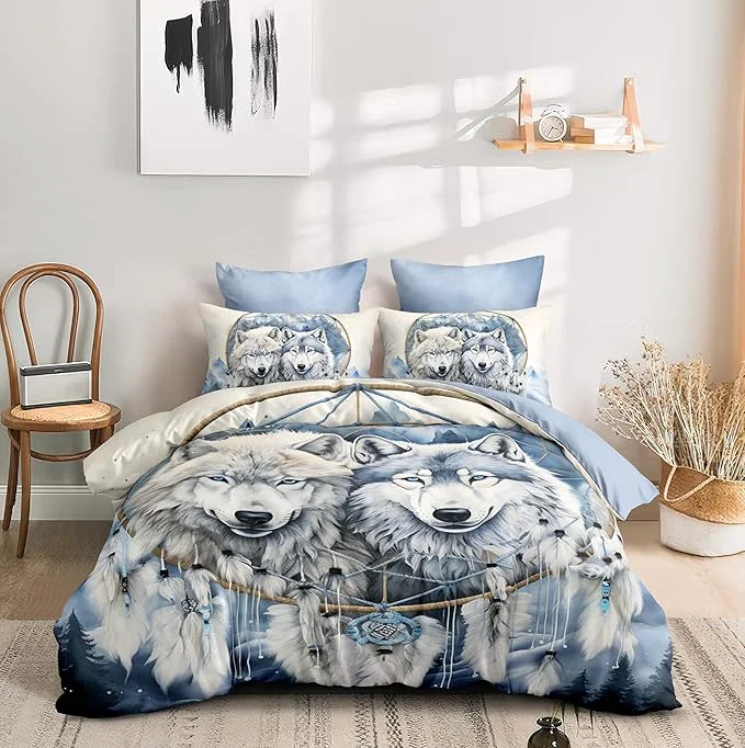 Superior Grey Wolf Comforter Set King Size Grey and White Dreamcatcher Soft Bedding for Adult Wild Animal Print Lightweight Microfiber Comforter with 2 Pillowcases 104 90 Pure
