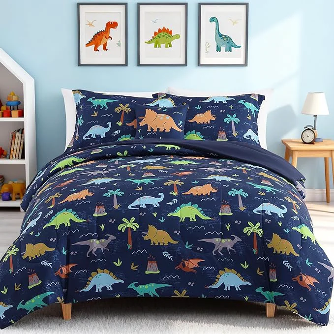 Contemporary Kids Comforter Set Full Size for Boys Navy Dinosaur Bedding Set 1 Comforter 1 Decor Pillow 2 Pillow Shams Breathable