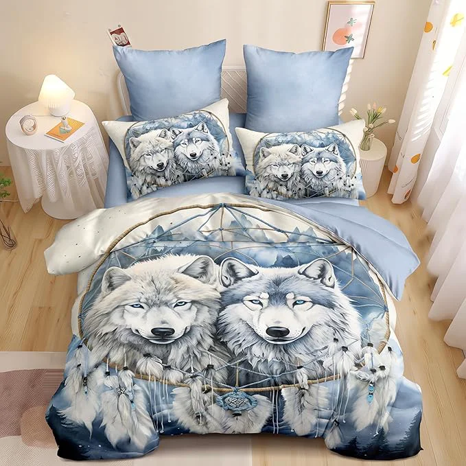Flexible Light Grey Wolf Comforter Set Queen Size Farmhouse Country Animal Print Bedding Sets for Adult 3Pcs Soft Lightweight Microfiber Comforter with 2 Pillowcases 90 90 Fine