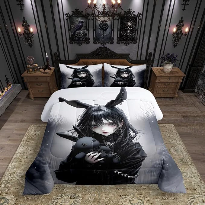 Premium Material Erosebridal Anime Girl Bedding Set Full Anime Gifts Comforter Set for Girls Women Gothic 3D Japanese Girl Down Comforter Black Gothic Bed Set Exotic Rabbit Printed Duvet Insert with 2 Pillowcases Contemporary
