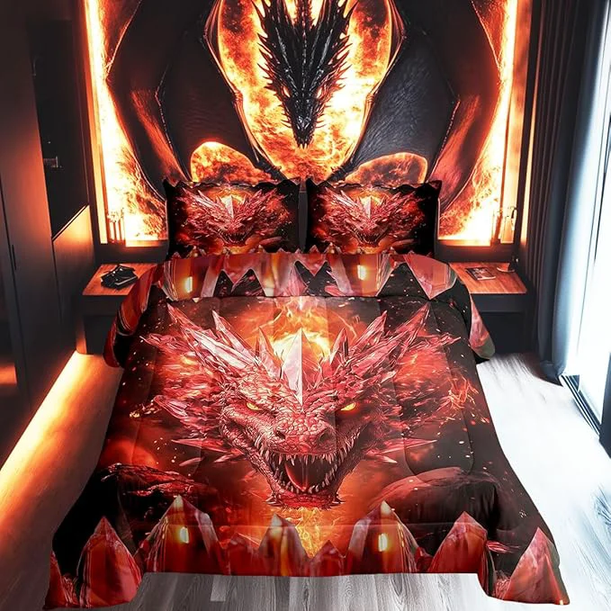 Fine Castle Fairy Dragon 3 Pcs King Size Comforter Set Western Fierce Animals Down Adults Bedroom Decor Flames Dragon Ultra Soft Microfiber Inner Fill 3Pcs Bedding Organic