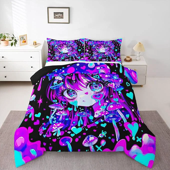 Casual Erosebridal Japanese Girl Bedding Full Cartoon Girly Comforter Set 3D Anime Gifts Bed Sets Colorful Graffiti Print Duvet Insert 3 Pieces Green
