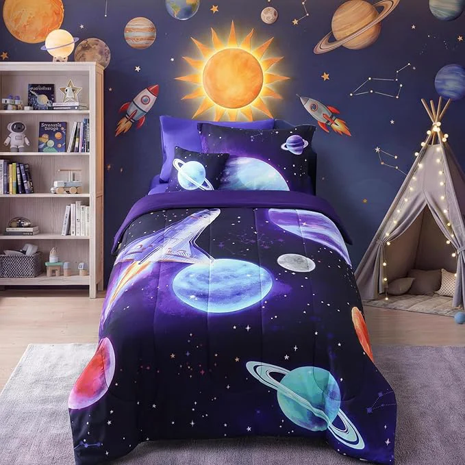 Comfortable Kids Comforter Set Twin Size for Boys Rocket Bedding Sets 3 Pieces Bed in A Bag with 1 Comforter 1 Decor Pillow 1 Pillow Sham Minimalist