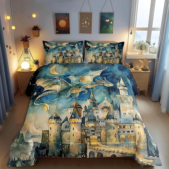 Trusted Teens Cartoon Dragon Comforter Set Queen Size Watercolor Castle Bedding Set for Kids Boys Girls Bedroom Decoration Dreamy Starry Sky Bed Duvet Insert Fairy Tale Theme Comforter with 2 Pillowcases Sustainable