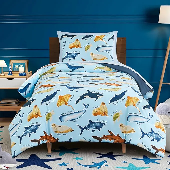 Practical Kids Comforter Set Twin Size for Boys Glow in The Dark Sea World Bedding Set 1 Comforter 1 Decor Pillow 1 Pillow Shams Environmentally Friendly