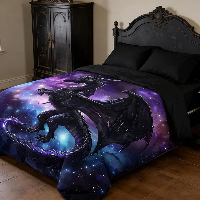 Elegant Fantasy Dragon Bedding Set Purple Blue Nebula Comforter Set Queen Size Mysterious Outer Space Bedding Set for Kids Boys Girls Teens Room Decor Safari Wildlife Animals Quilt Set Fine Crafted