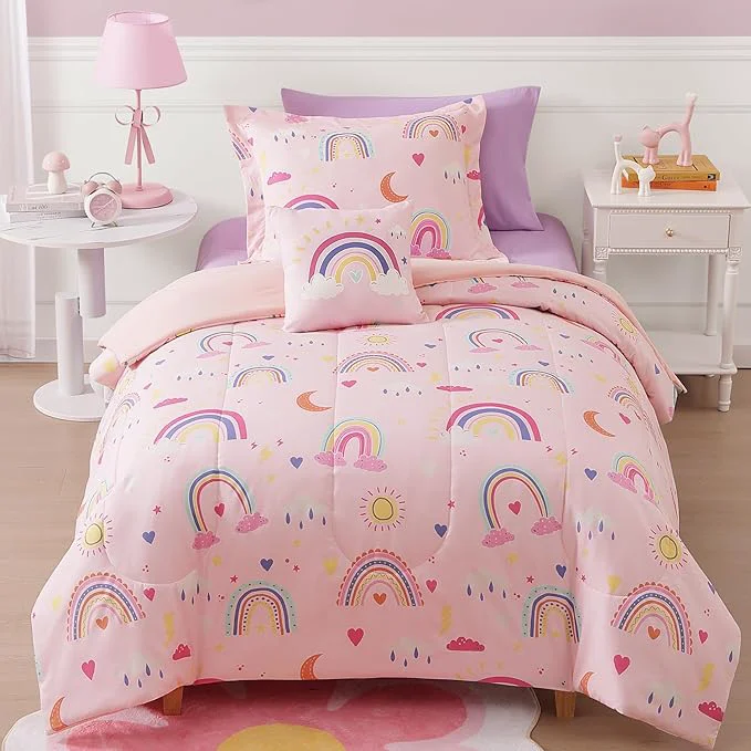 Fashionable Glow in The Dark Twin Size Comforter Set for Girls Pink Rainbow Bedding Set for Kids 1 Comforter 1 Decor Pillow 1 Pillow Sham Detailed