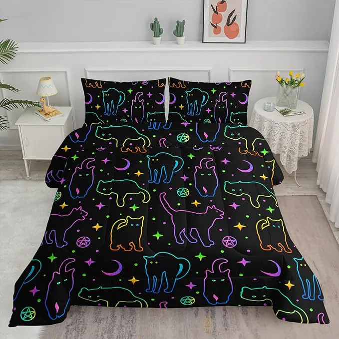 Elite Black Cat Bedding Cartoon Cat Comforter Set Twin Moon Stars Printed Kids Bedding Set for Boys Girls Adults Room Decor Kids Comforter Set All Season 1 Quilt 2 Pillow Cases Neon Color Blue Green Superior