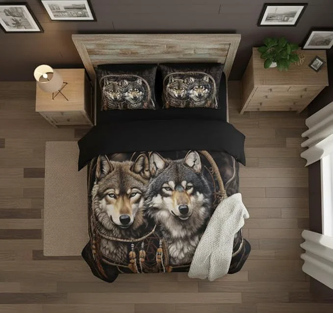 Flexible Black Brown Wolf Queen Size Comforter Set Farmhouse Wildlife Animal Bedding Set for Boys Teens Adult Women 3 Pcs Rustic Dreamcatcher Quilted Comforter with 2 Pillowcases 90 x90 Innovative