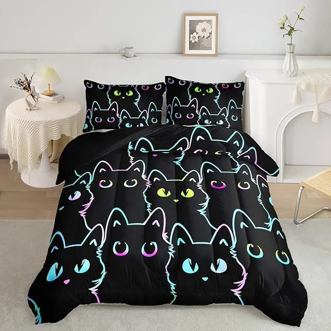 Innovative Axolotl Kids Cartoon Cat Bedding Comforter Set Gradient Line Cute Cat Bedding Set for Teens Colorful Neon Cats Comforter for Boys Girls Adults 1 Animal Quilt 2 Pillow Cases King Size Black Contemporary