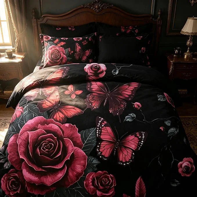 Authentic Vintage Floral Comforter Set Queen Size Black Black Red Floral Bedding Set for Gothic Bedroom Decor 3 Pieces Soft Microfiber Lightweight Comforter Set with 2 Pillowcases 90 quot x90 quot Organic