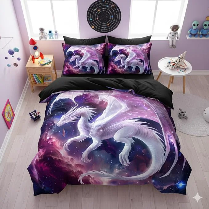Modern Pink White Western Dragon Comforter Set King Size Castle Fairy Cartoon Bedding Set for Kids Boys Teens Women Decor 3D Animals Quilt Set Premium