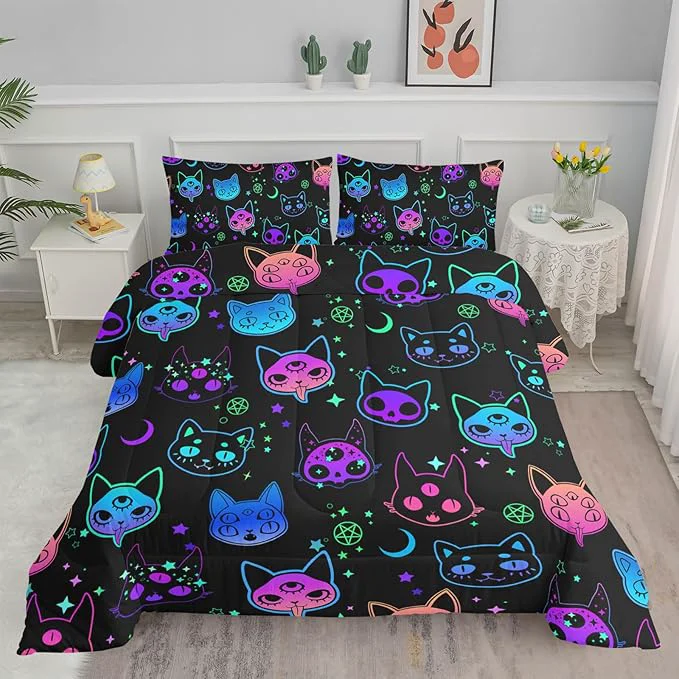 Practical Axolotl Cat Comforter Set King Kawaii Gradient Cat Bedding with 1 Comforter 2 Pillowcases Colorful Neon Cats Animal Bed Set Moon Stars Bedding for Kids Boys Girls Teens Adults Room Decor All Season Verified