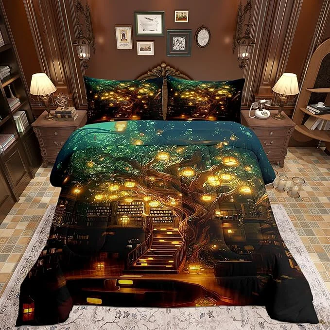 Fast Castle Fairy al Mysterious Style Twin Size Comforter Set Bookshelf Bookcase Quilt Set Soft Bed Collection Modern Building Trees Bedding Comforter for Boys Girls Room Decor 2 Pcs Breathable
