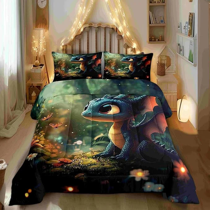 Secure Castle Fairy Kawaii Flower Animals Comforter Set with 2 Pillowcases Mysterious Wild Animals Super Soft Microfiber Bedding Set for Adults Teens Cute Dragon Duvet Set for Room Decor King Genuine